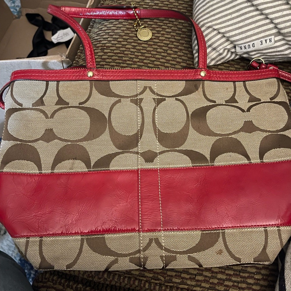 Coach Red and Brown Signature Tote